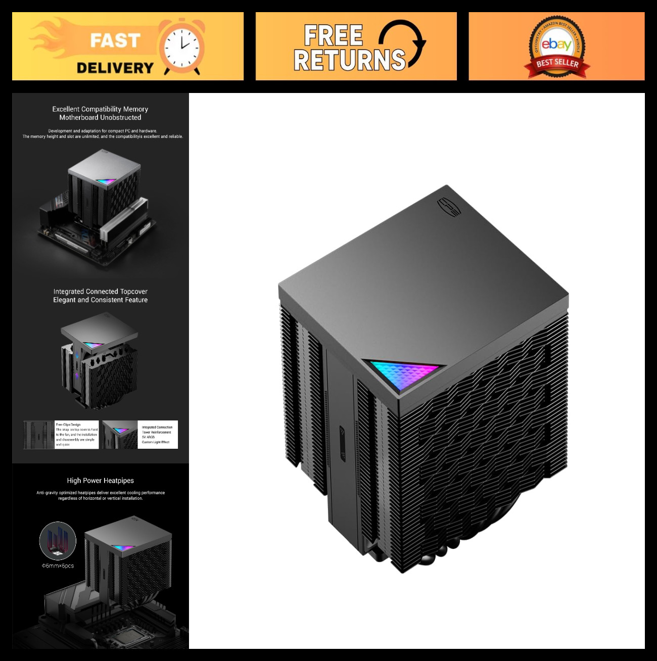 Compact Dual-Tower CPU Cooler with ARGB, 6 Heatpipes, TDP 220W, High Performance