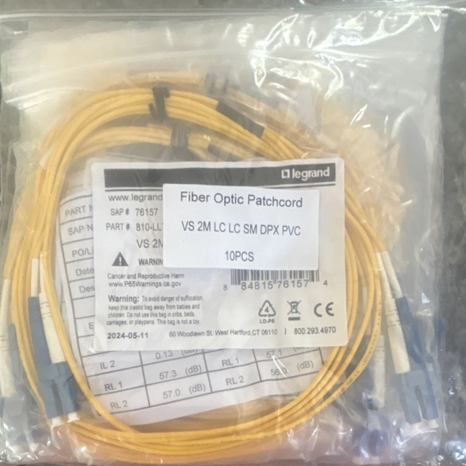 Legrand LC-LC Single-Mode Duplex Fiber Optic Patchcord 2m Yellow 10pcs