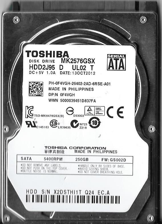 Toshiba MK2576GSX HDD2J95 D UL02 T 250GB Sata Hard Drive
