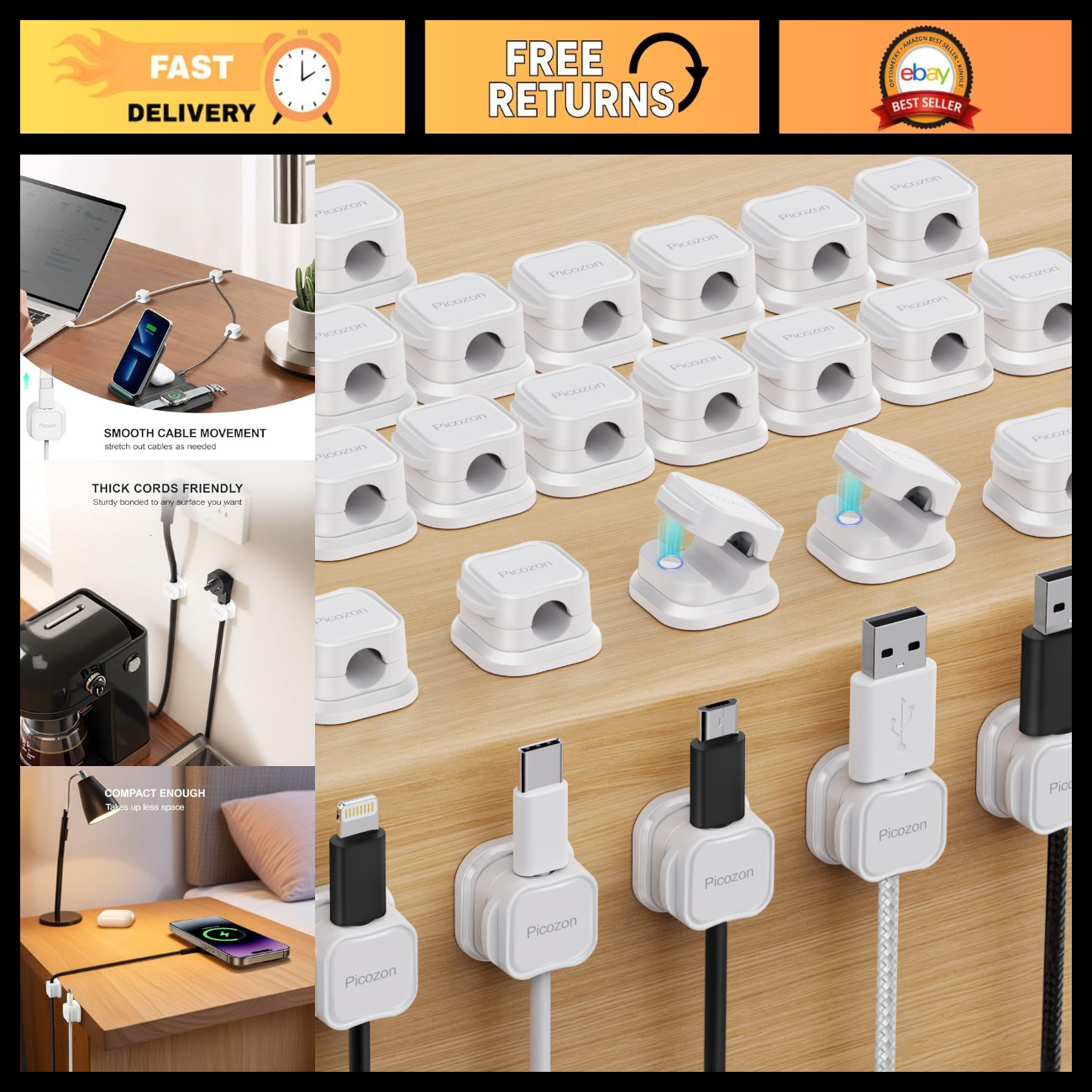 24 Pack Magnetic Cable Clip Organizer - Adhesive Cord Holder for USB & Phone Cab