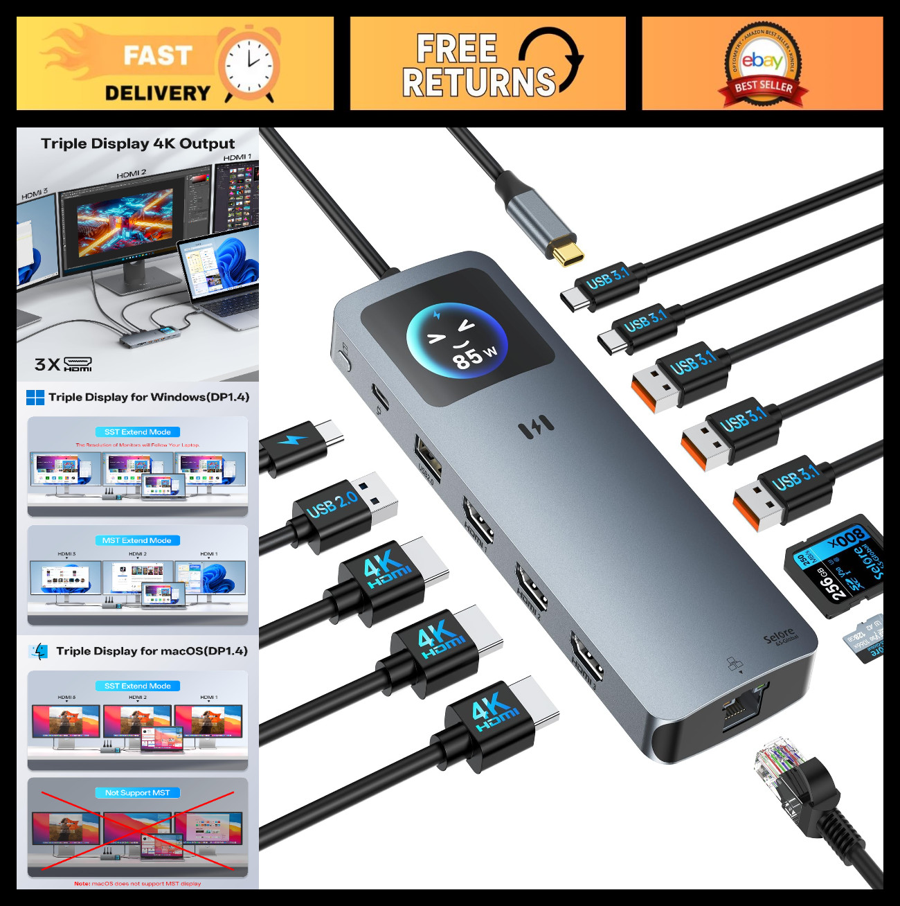 13-in-1 USB C Docking Station - Triple 4K HDMI, 2.5G Ethernet, 100W PD, SD/micro