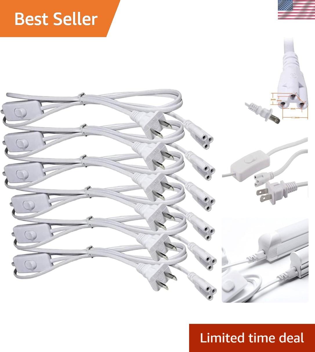 6FT T5/T8 LED Tube Extension Cable with Built-in On/Off Switch - 330W Capacity