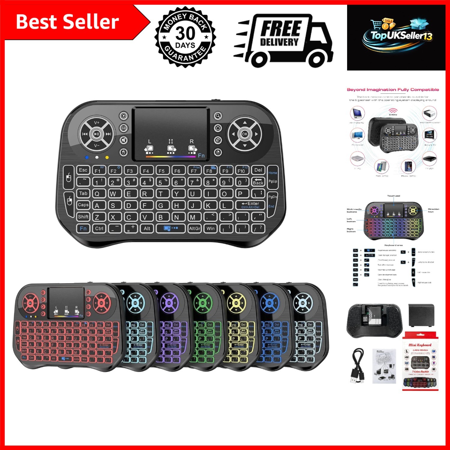 Mini Wireless Keyboard with Touchpad Mouse Combo, 7 Colors RGB Backlit, Porta...