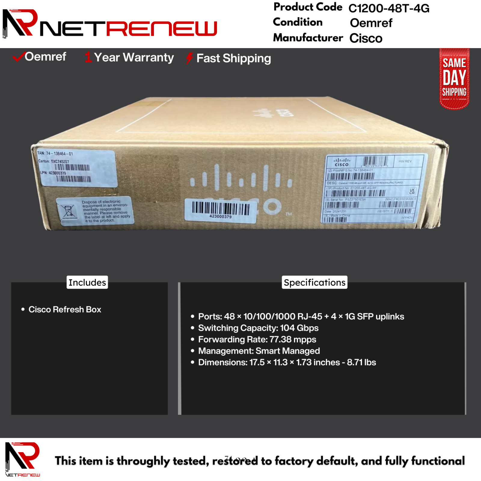 Refresh  Cisco C1200-48T-4G Managed Smart Eligible 48Port Gigabit Switch