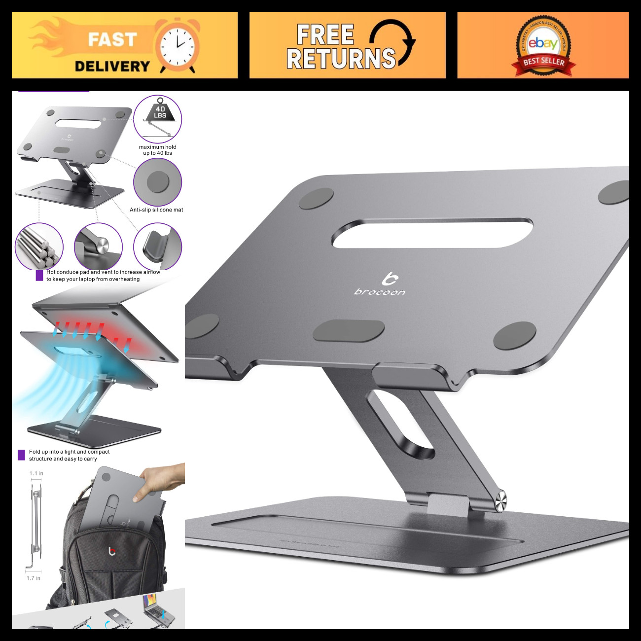 Adjustable Aluminum Laptop Stand for Desk - Fits 10-17.3'' MacBook Air/Pro