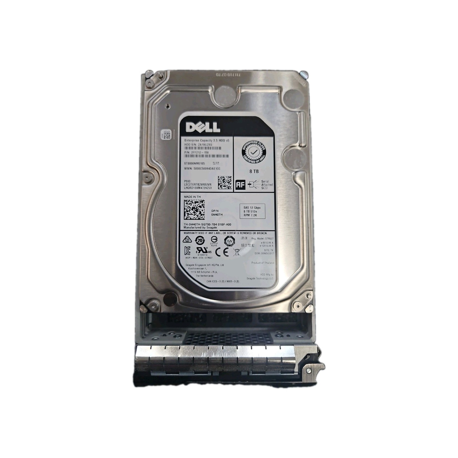 M40TH Dell 8TB 7.2K SAS 12Gbps 3.5" HDD Hard Drive ST8000NM0185 0M40TH with tray