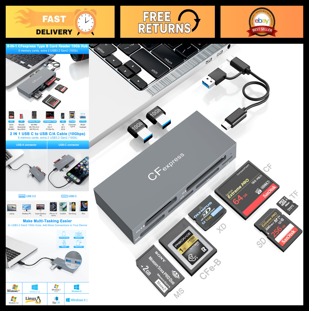 8-in-1 CFexpress Type B Card Reader Hub, 10Gbps USB3.2, Read 6 Cards + 2 USB Por