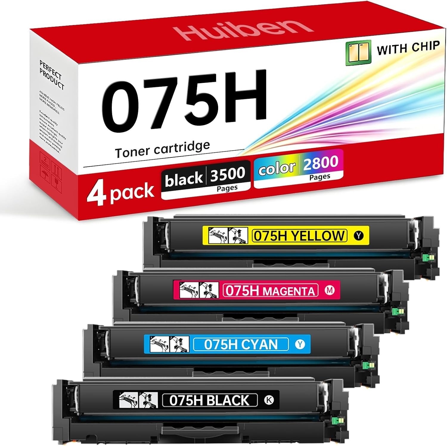4-Pack Toner Cartridge Black Magenta Cyan Yellow BN 075H Canon With Chip Huiben