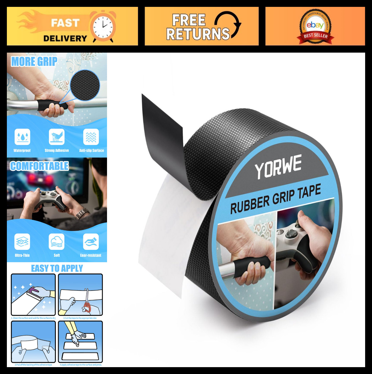 Ultra-Thin Rubber Grip Tape - Strong Adhesive, Anti-Slip, Waterproof, 2in x 10ft