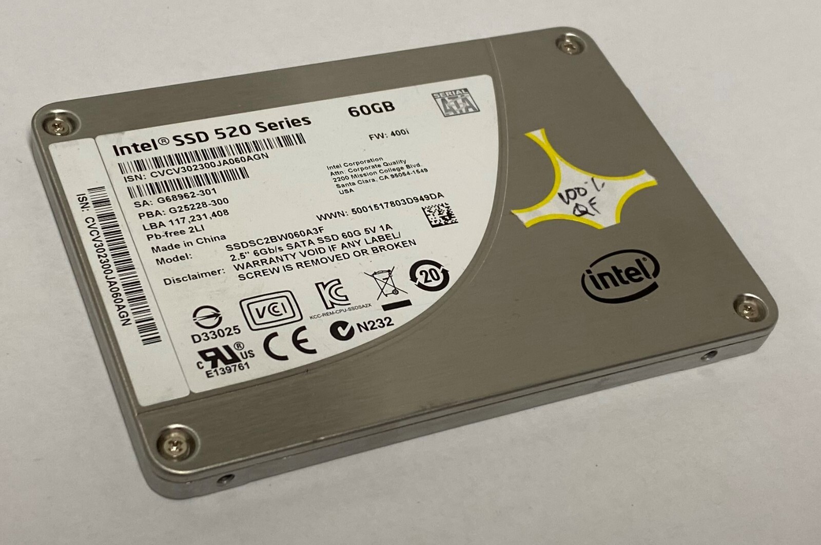 Intel SSDSC2BW060A3F 60GB 2.5" SATA 6Gb/s 520 Series SSD 100% Health