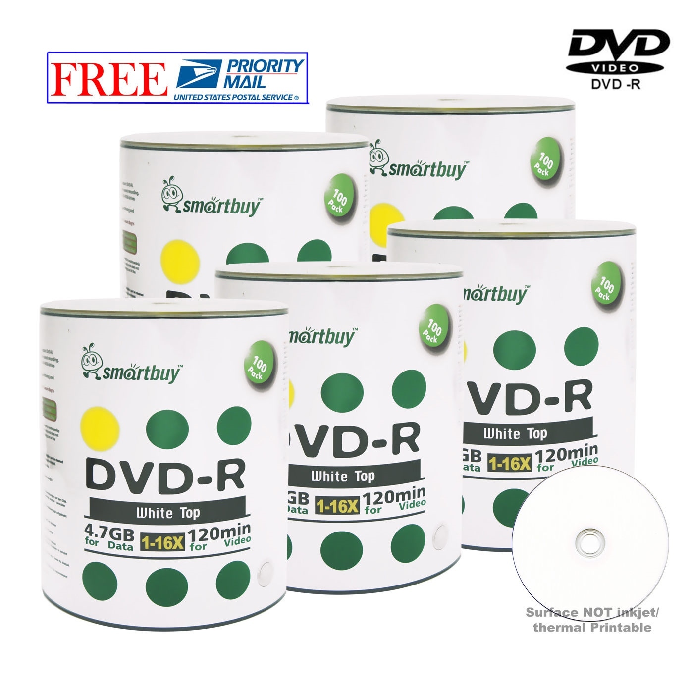 500 Pack Smartbuy DVD-R 16X 4.7GB White Top Recordable Blank Disc Priority Mail