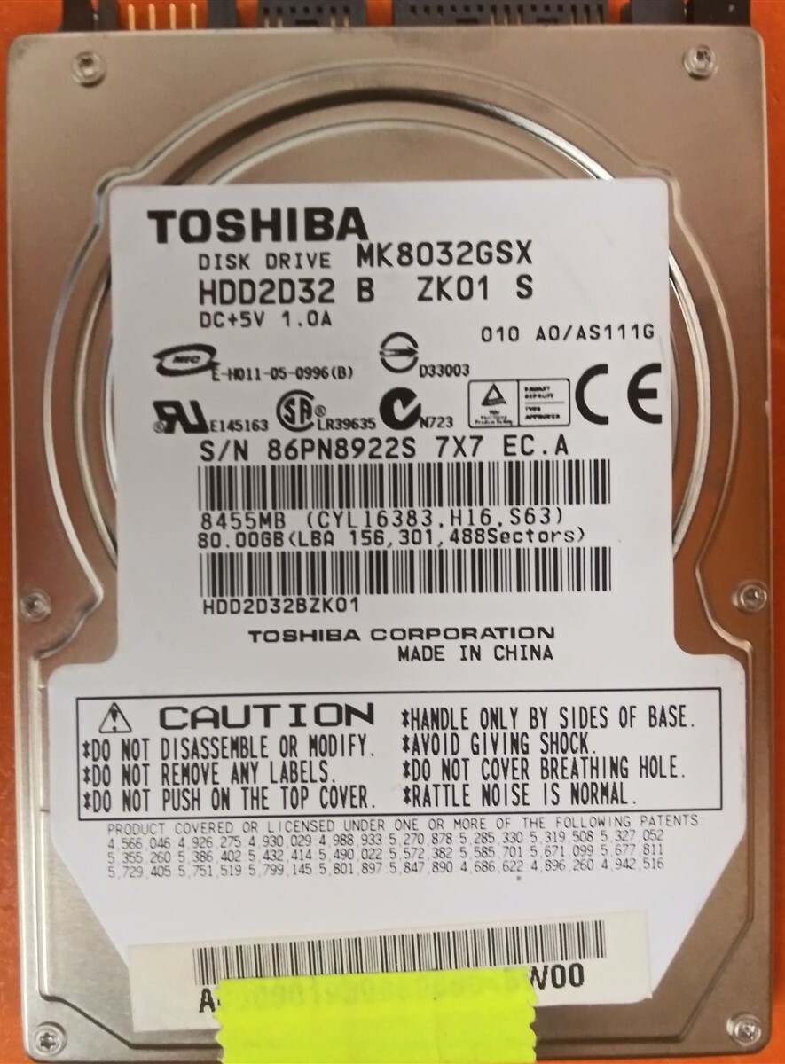 ⭐️⭐️⭐️⭐️⭐️ HDD Hard Drive SATA Laptop 2.5" Toshiba MK8032GSX 80GB FW A0/AS111G
