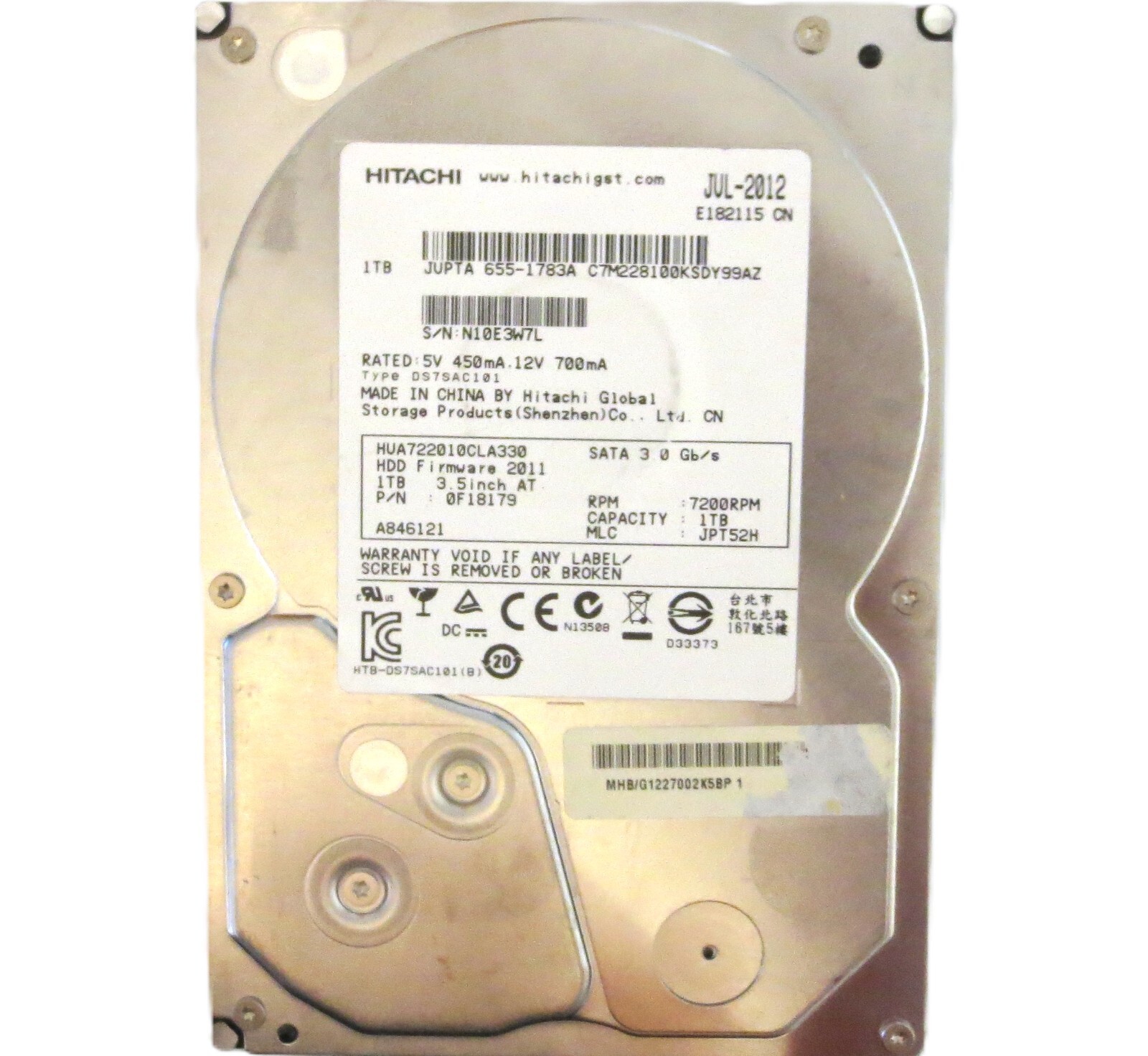 Hitachi HUA722010CLA330 0F18179 JPT52H (N10) China 1.0TB 3.5" Sata HDD JUL-2012