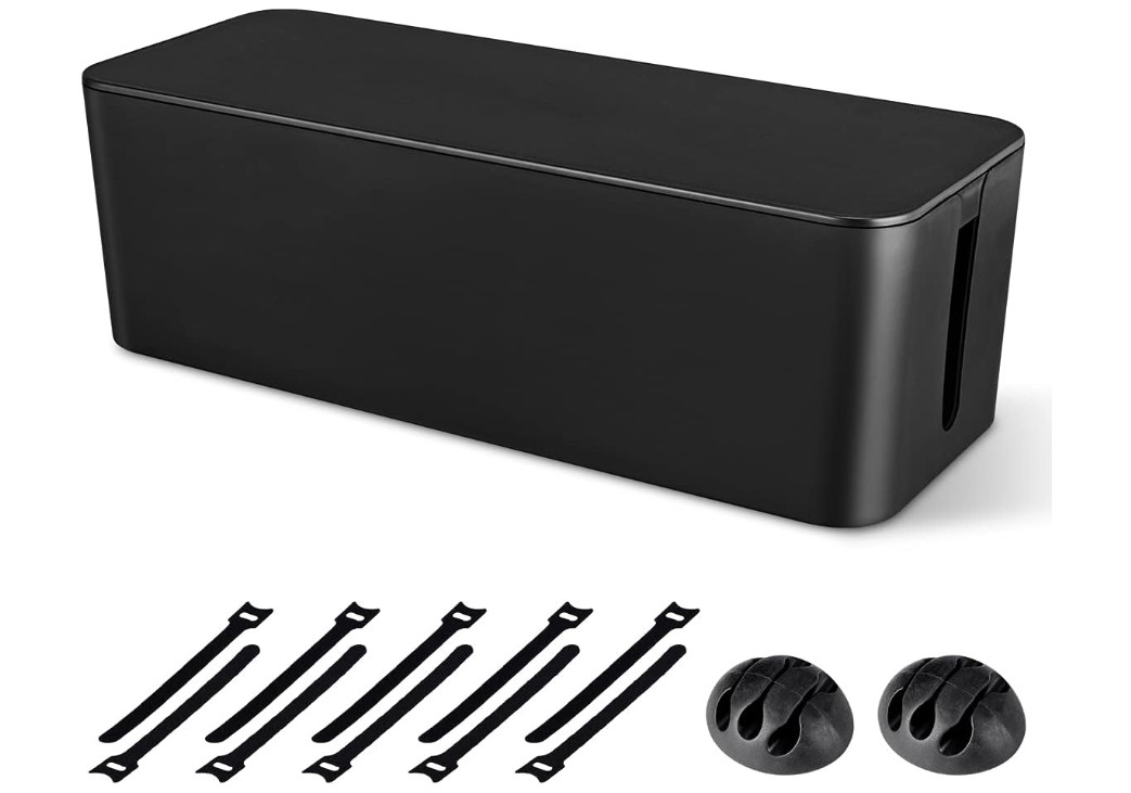 Caja organizadora cables grande oculta regleta con clips y bridas reutilizables.