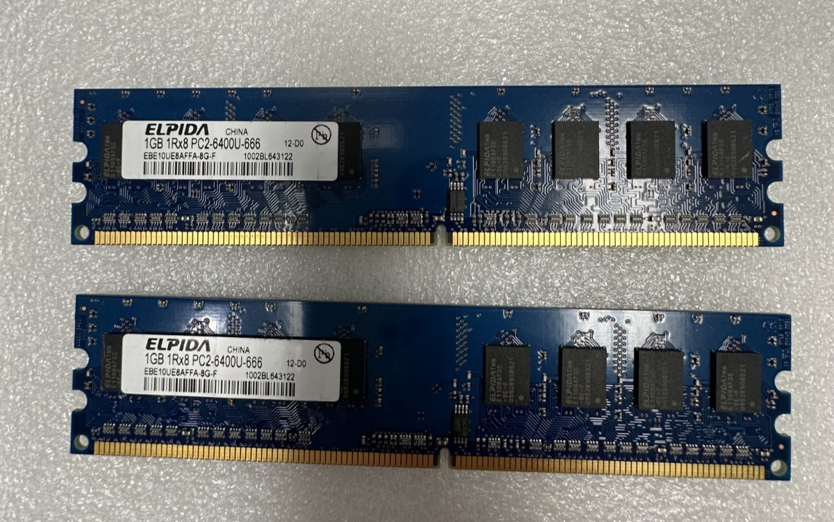 ELPIDA  DDR2 SDRAM DIMM EBE10UE8AFFA-8G-F 1GB SRX8 PC2-6400U (1 Lot of 2)