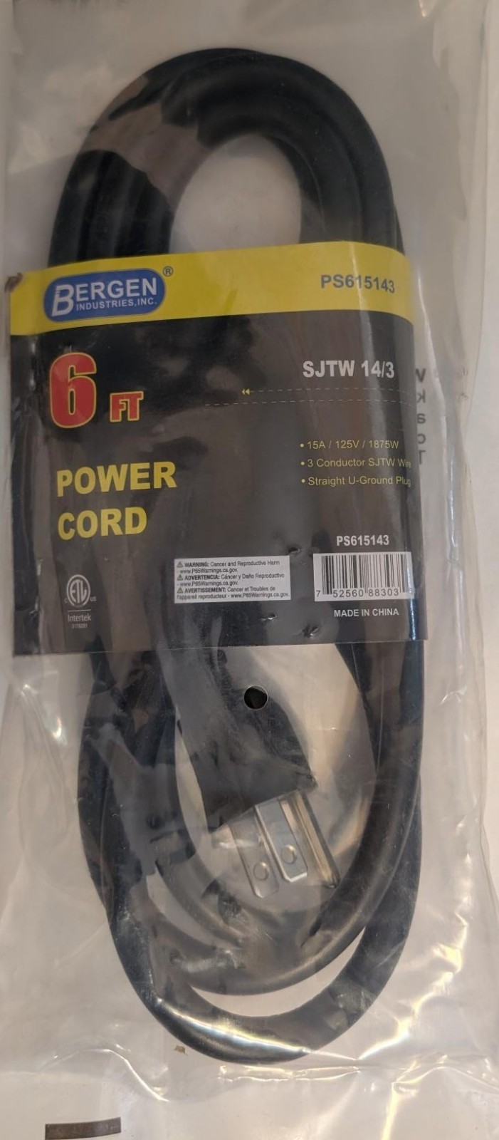 New Bergen PS615143 SJTW 125V 3-Conductor Power Cord Cisco Industrial Switch