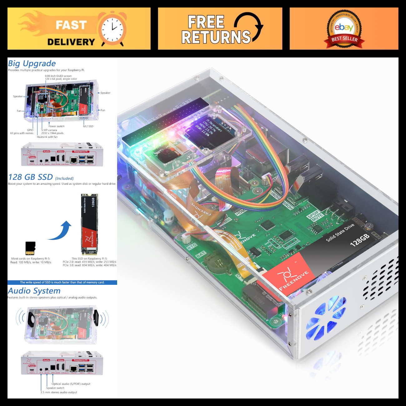 Raspberry Pi 5 PC Case Kit with Cooling Fan, 128GB NVMe SSD, 5MP Camera, OLED Sc