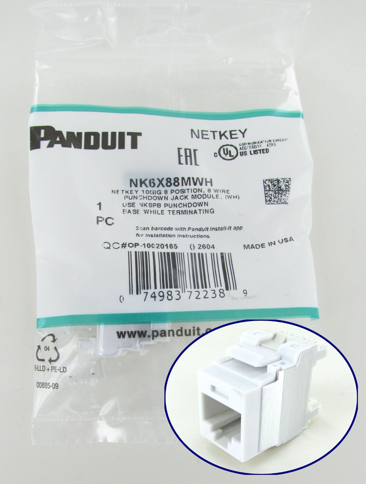 Panduit NK6X88MWH NetKey Cat6A RJ45 UTP Keystone Punchdown Jack White ~STSI