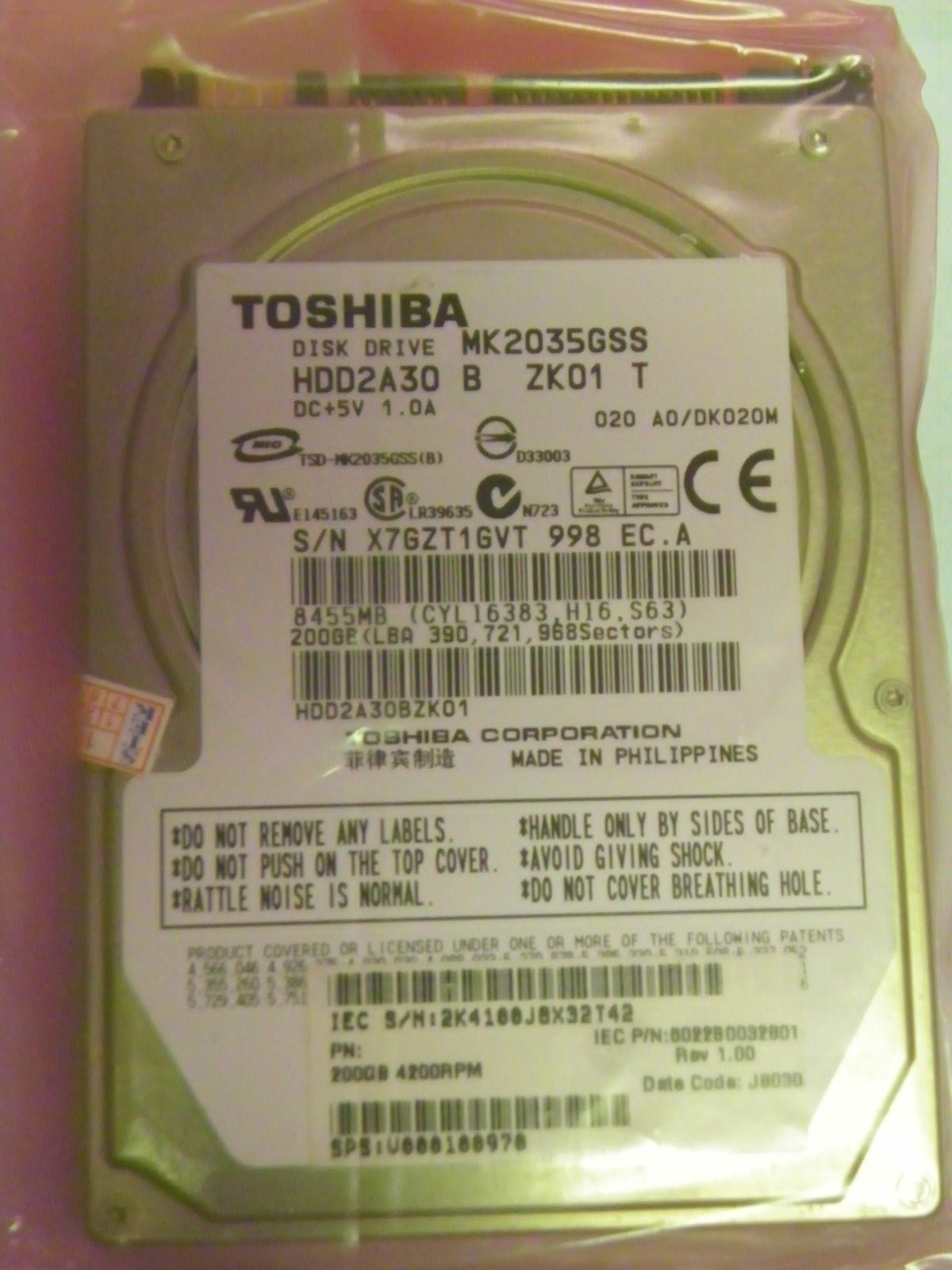 Toshiba MK2035GSS (HDD2A30 B ZK01 T) 020 A0/DK020M laptop 200GB 2.5" SATA HDD