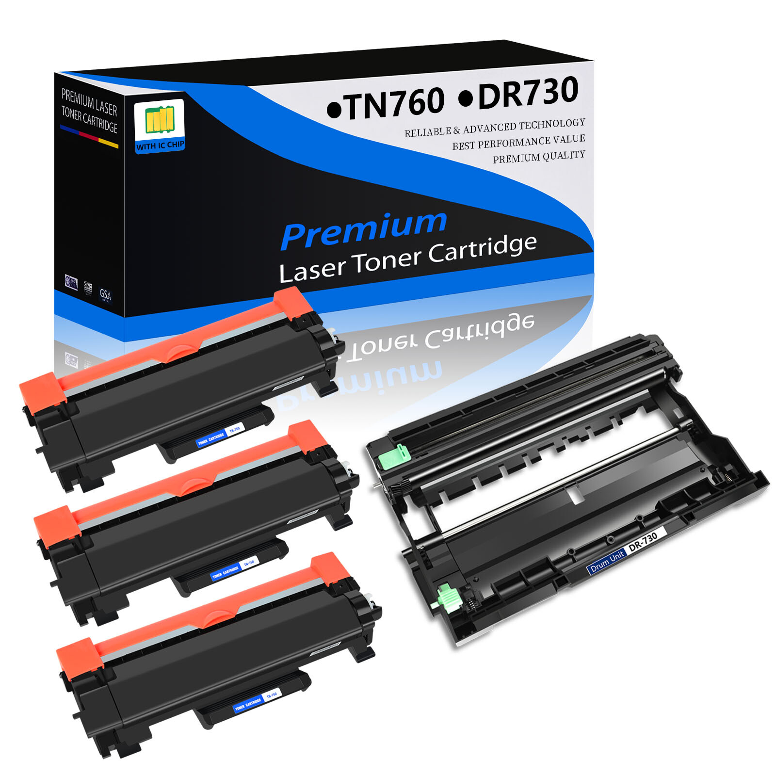 3PK TN760 Toner + 1PK DR730 Drum For Brother MFC-L2710DW MFC-L2730DW HL-L2370DW
