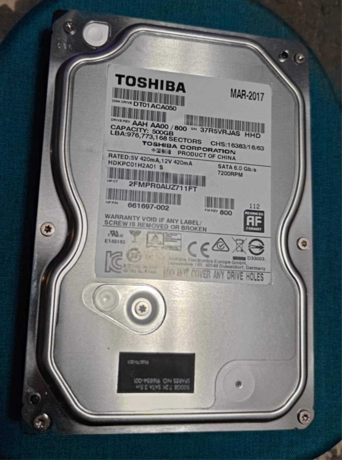 Toshiba 500GB 7200RPM 3.5" SATA HDD DT01ACA050 Tested Working