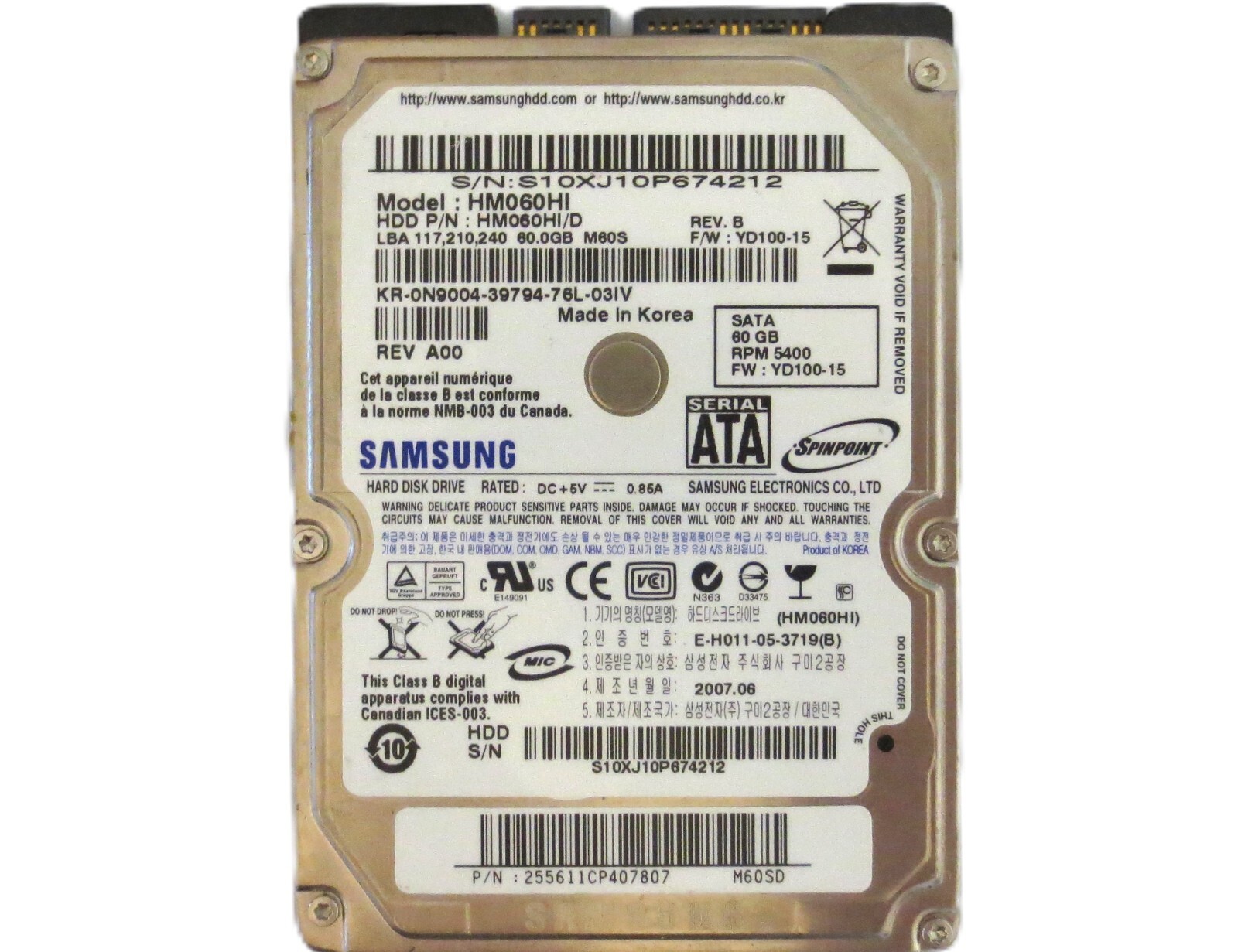 Samsung HM060HI HM060HI/D REV.B YD100-15 M60S (S10) Korea 60gb 2.5" Sata 2007.06