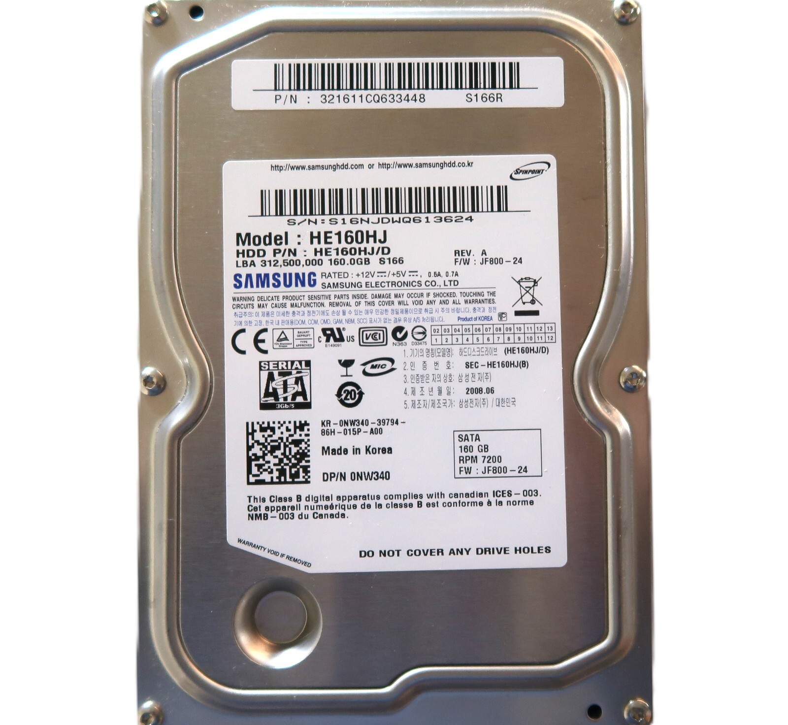 Samsung HE160HJ (HE160HJ/D) JF800-24 RevA (S16N) 0NW340 3.5" 160gb Sata 2008.06