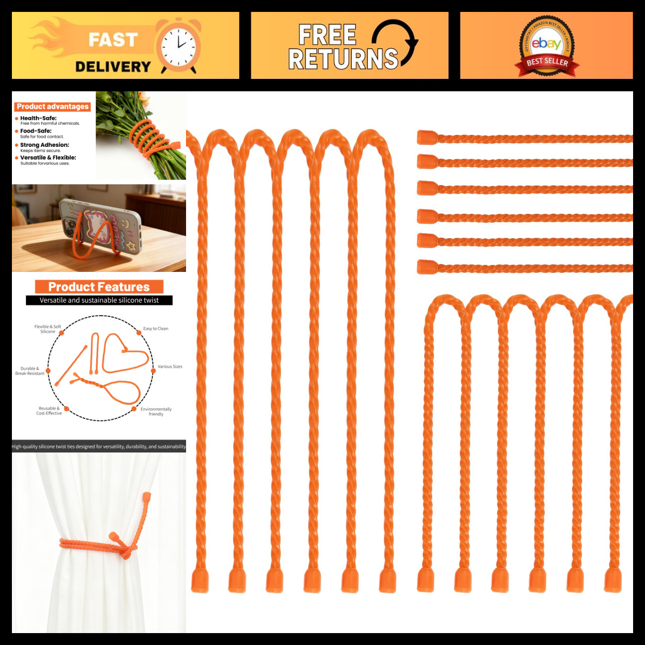 18pcs Reusable Silicone Cable Ties - 6in, 12in, 18in Twist Ties for Organizing