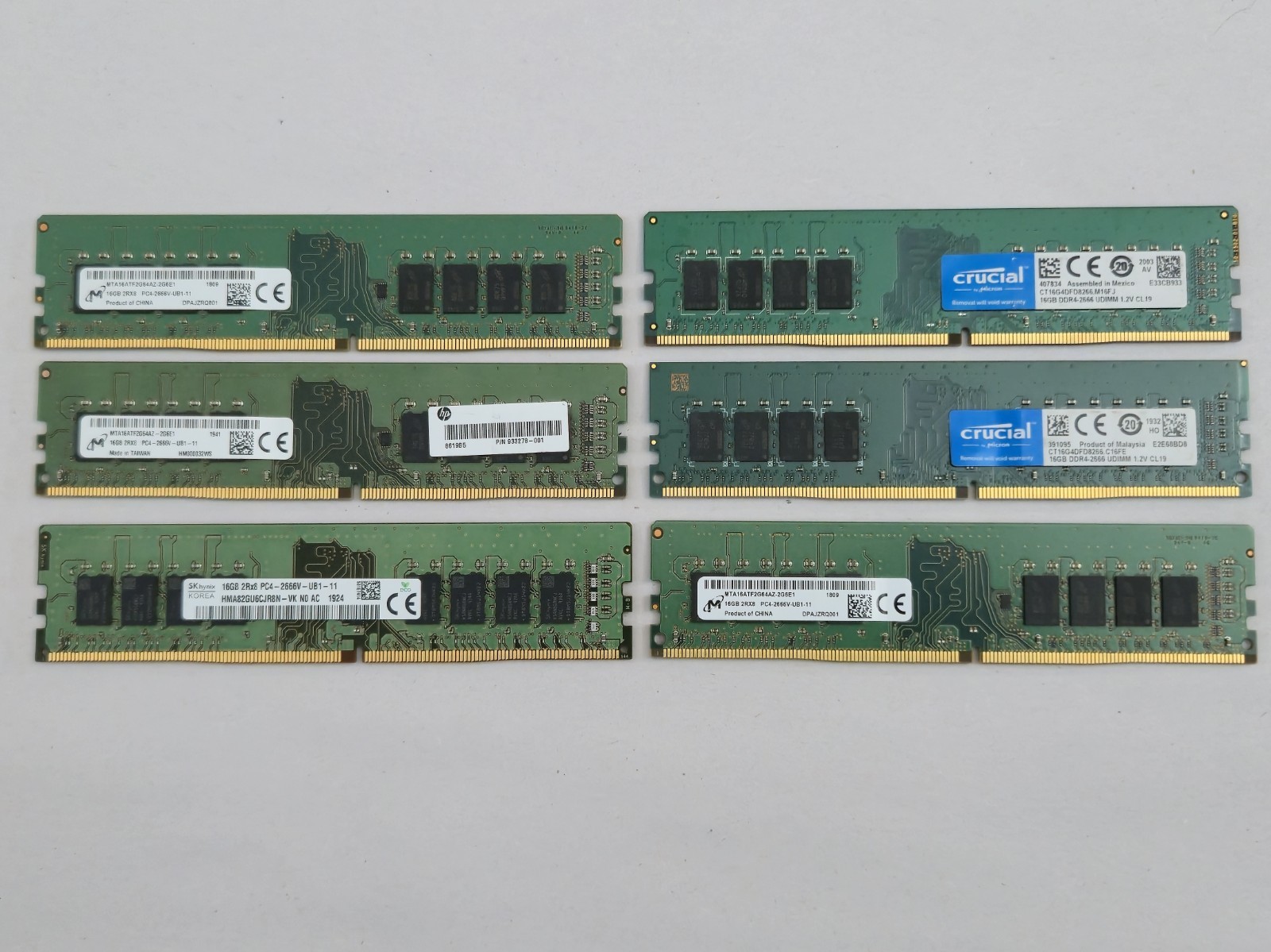 Lot of 6 Various 16GB DDR4-2666 Desktop RAM. Tested Good. May have minor nicks.