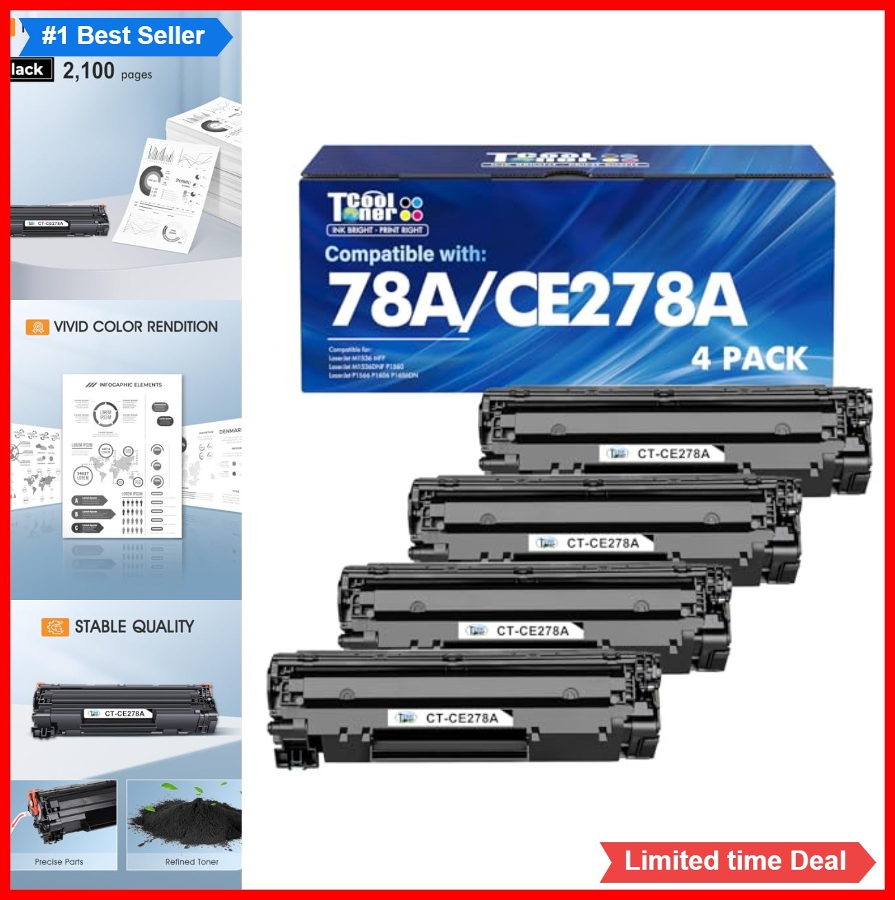 Toner Cartridge 78A CE278A Black 4 Pack High Yield 2100 Pages LaserJet P1606dn