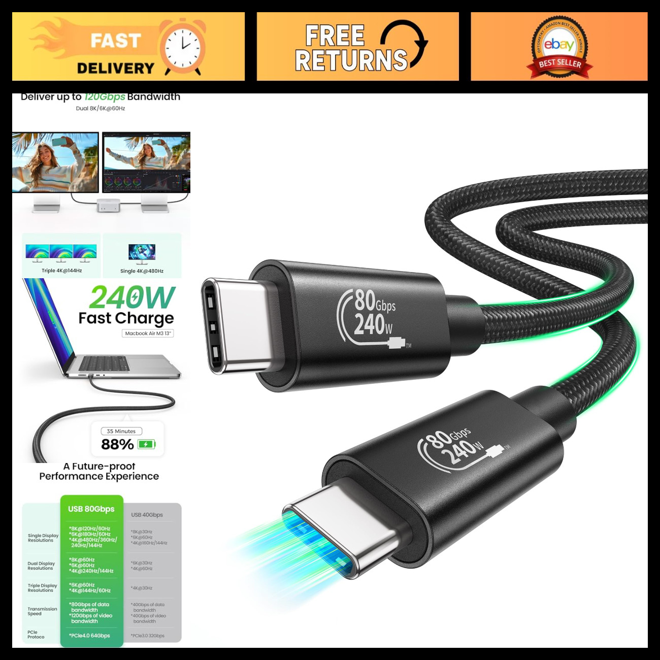 10FT Thunderbolt 5 Cable, 80Gbps USB4 High-Speed Data Transfer, Compatible Acces