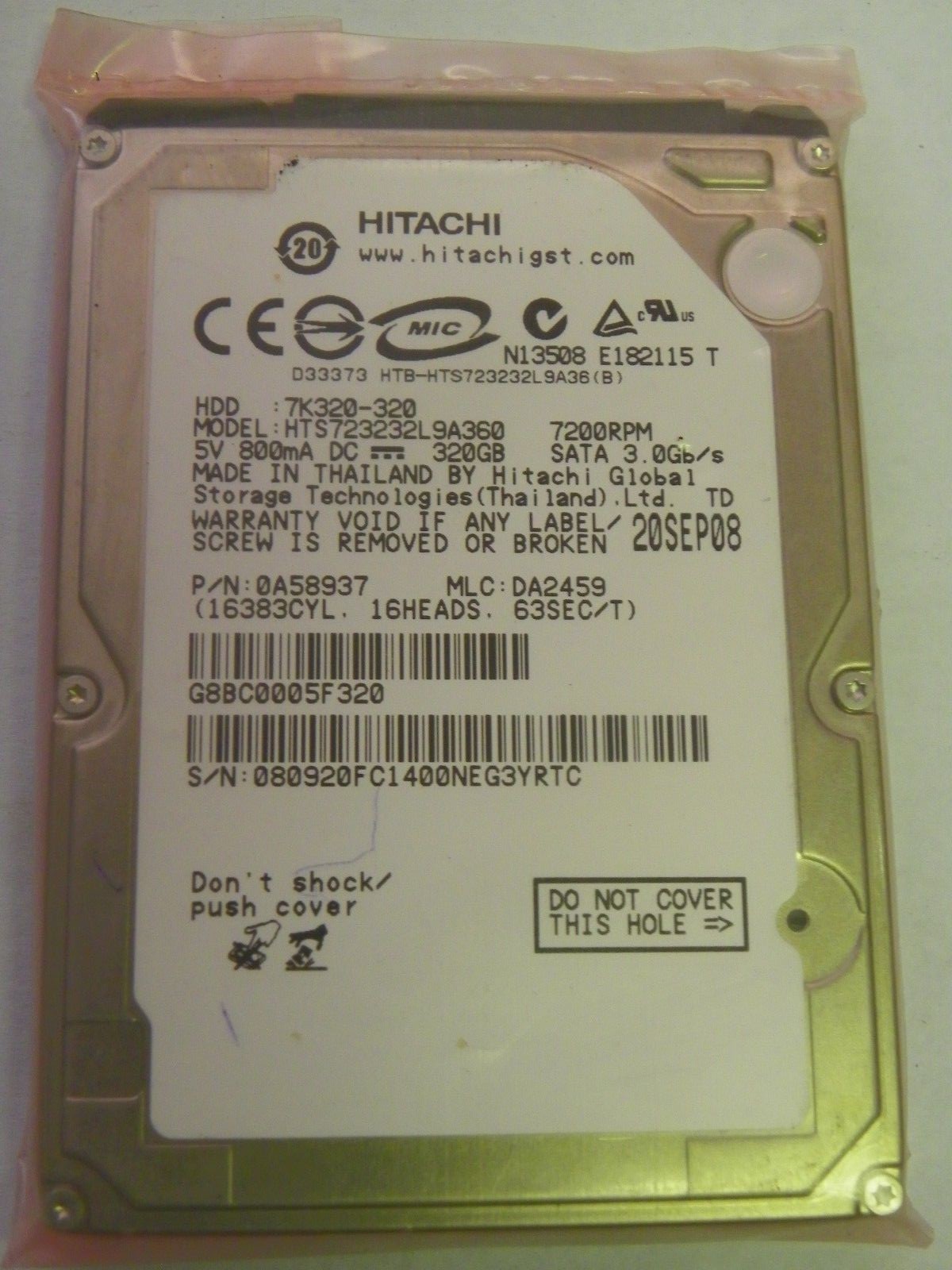 Hitachi HTS723232L9A360 P/N:0A58937 MLC:DA2459 G8BC0005F320 320GB 2.5" SATA HDD