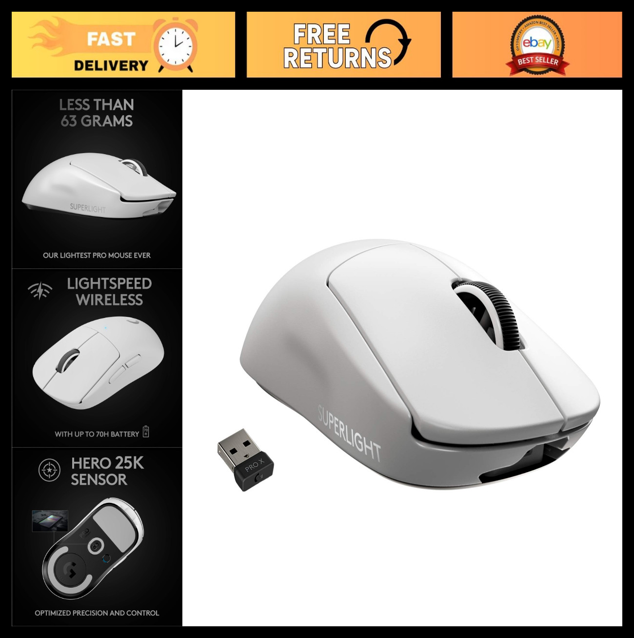 Ultra-Light Wireless Gaming Mouse, Hero 25K Sensor, 25,600 DPI, 5 Programmable B