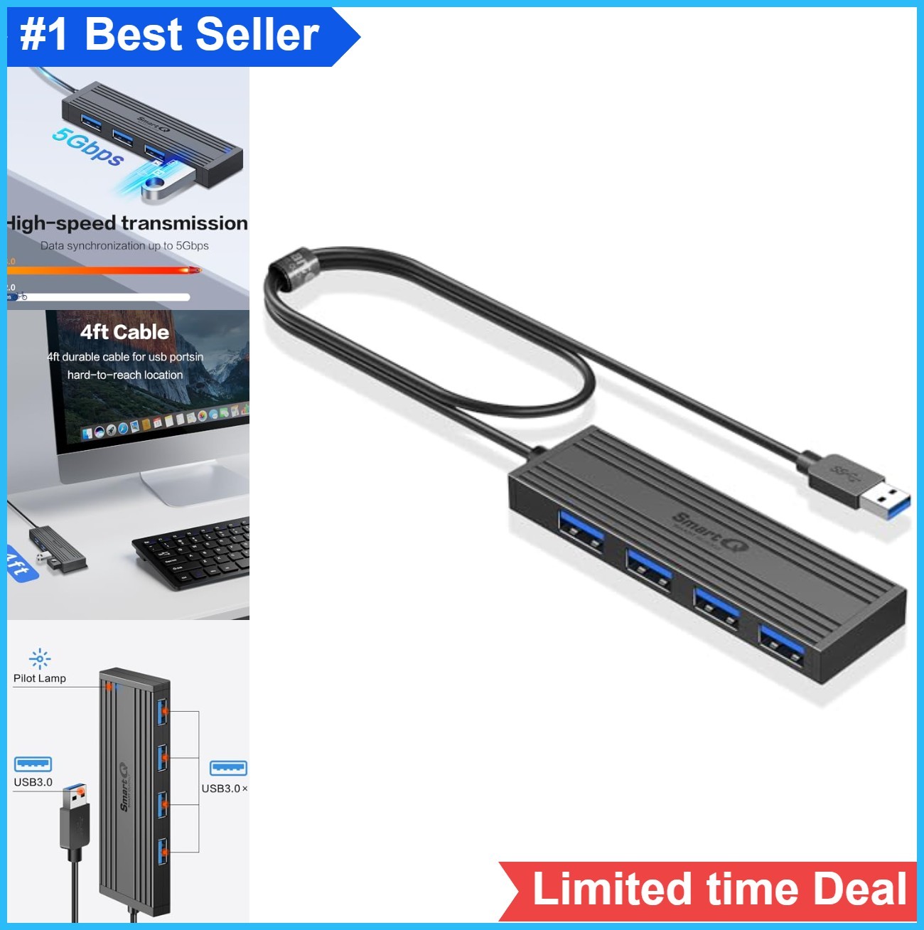 4 Port USB 3.0 Hub Ultra Thin Portable Data Expander for MacBook Laptop Surface