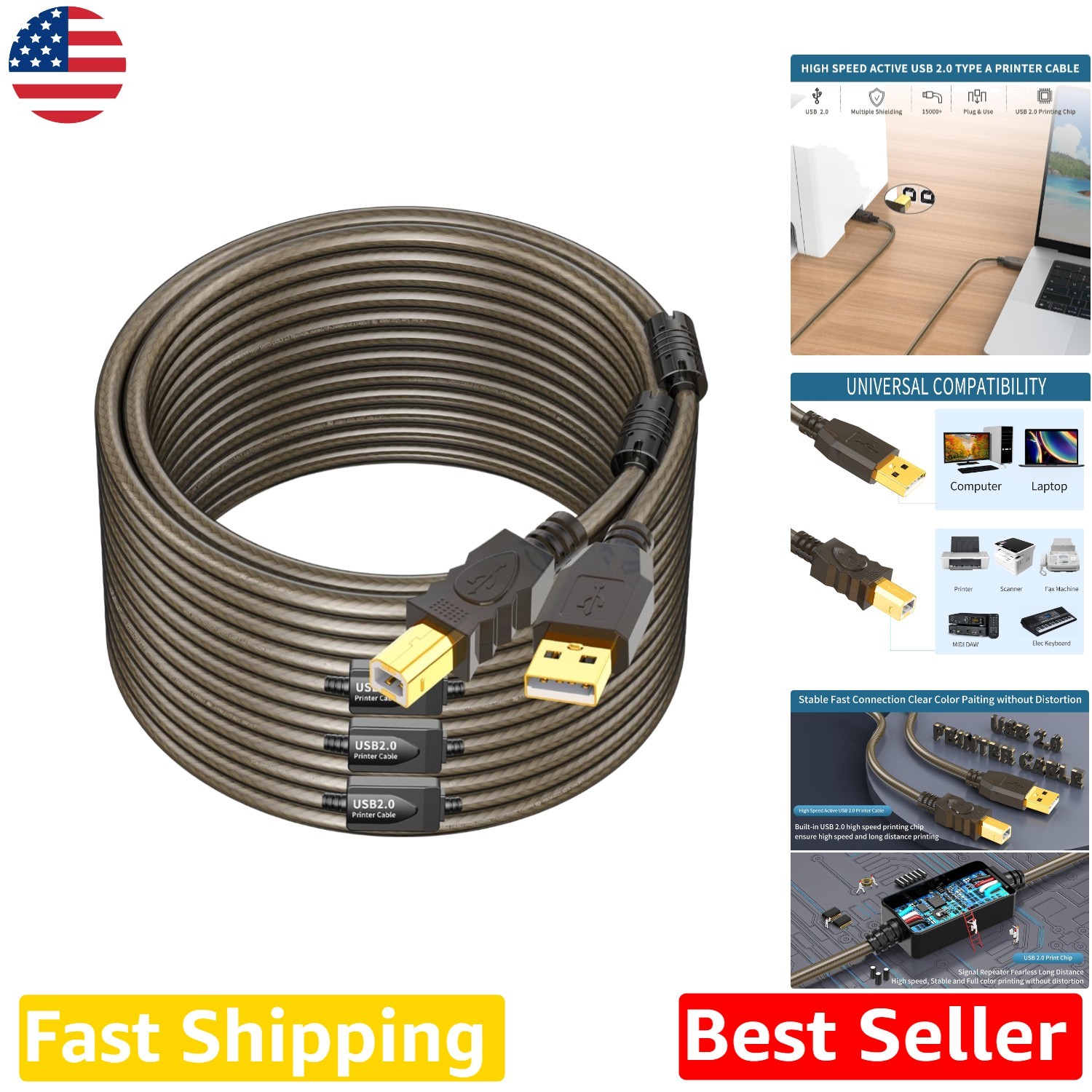 100ft USB 2.0 Printer Cord - Gold Plated, Tangle-Free Nylon, Wide Device Comp.