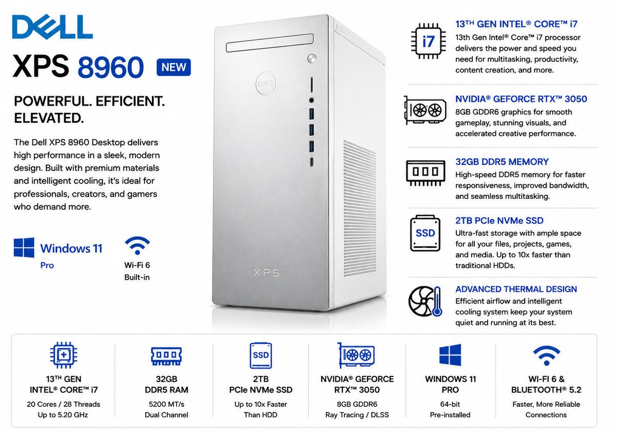 NEW Dell XPS 8960 Intel Core i7 32GB DDR5 2TB SSD NVIDIA GeForce RTX3050 Desktop
