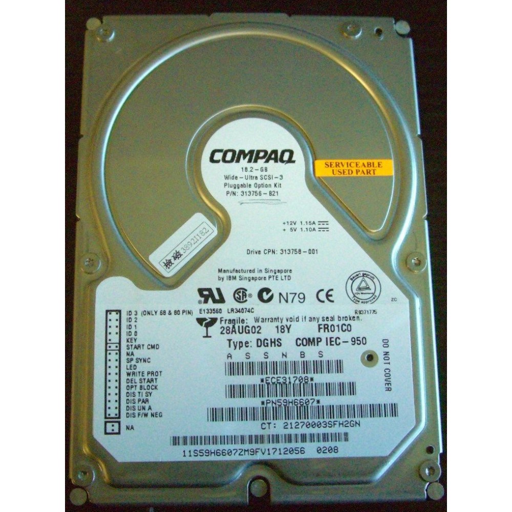 Compaq 313756-B21 IEC-950 18.2GB Wide Ultra SCSI-3 hot-pluggable hard drive that
