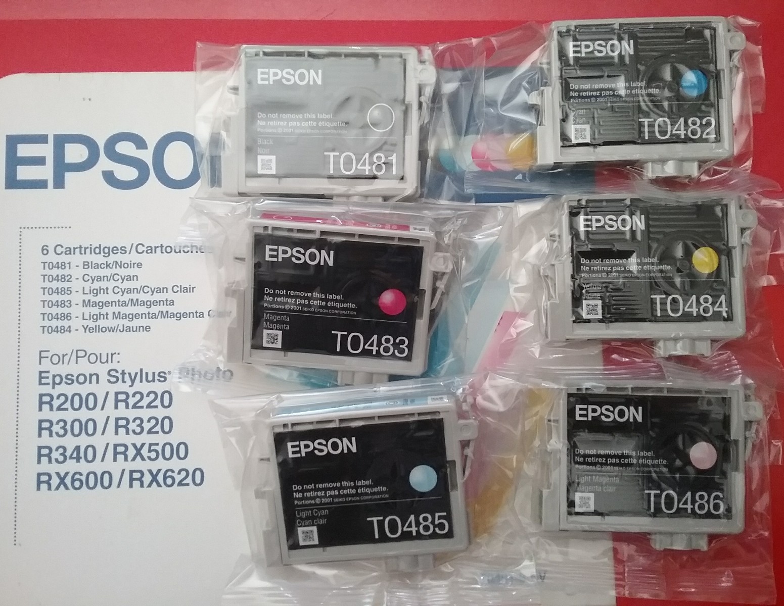 SET 6 GENUINE EPSON 48 INKS STYLUS RX620 T0481 T0482 T0483 T0484 T0485 T0486 NEW