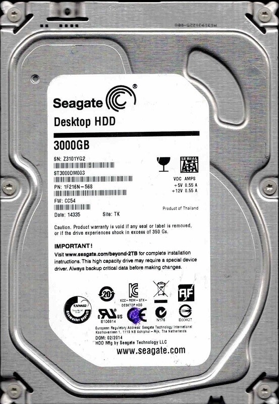 ST3000DM003 P/N: 1F216N-568 F/W: CC54 TK Z31 Seagate 3TB