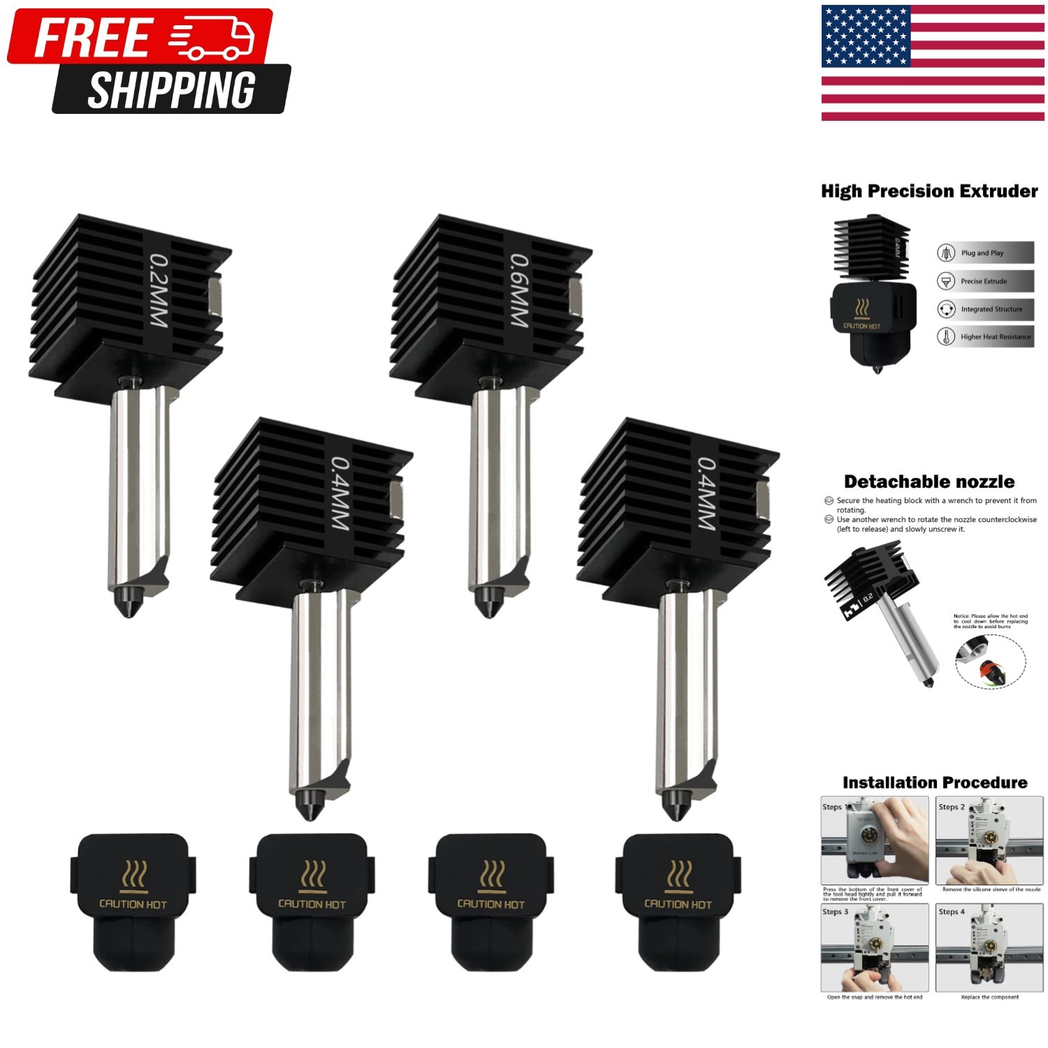4 Pack P2S Hotend Nozzle Set 0.2MM 0.4MM 0.6MM Hardened for Bambu Lab Accesso...