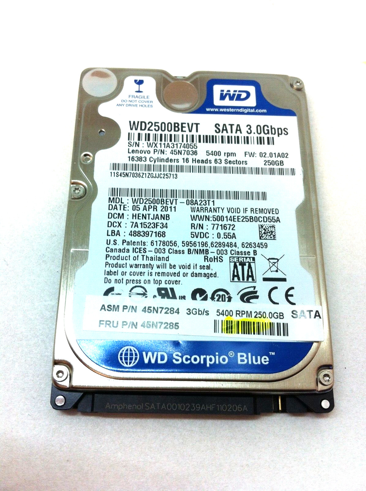 Lenovo 45N7036 Hard Drive WD Scorpio Blue - 250GB SATA WD2500BEVT 45N7285 192