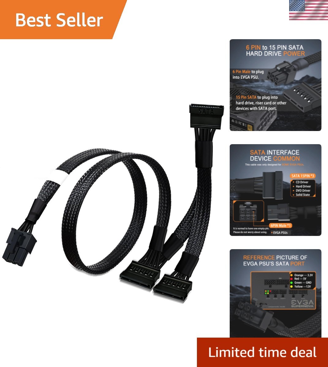 SATA Power Cable for EVGA PSUs, 6 Pin to 3X 15 Pin SATA Hard Drive Adapter Sl...