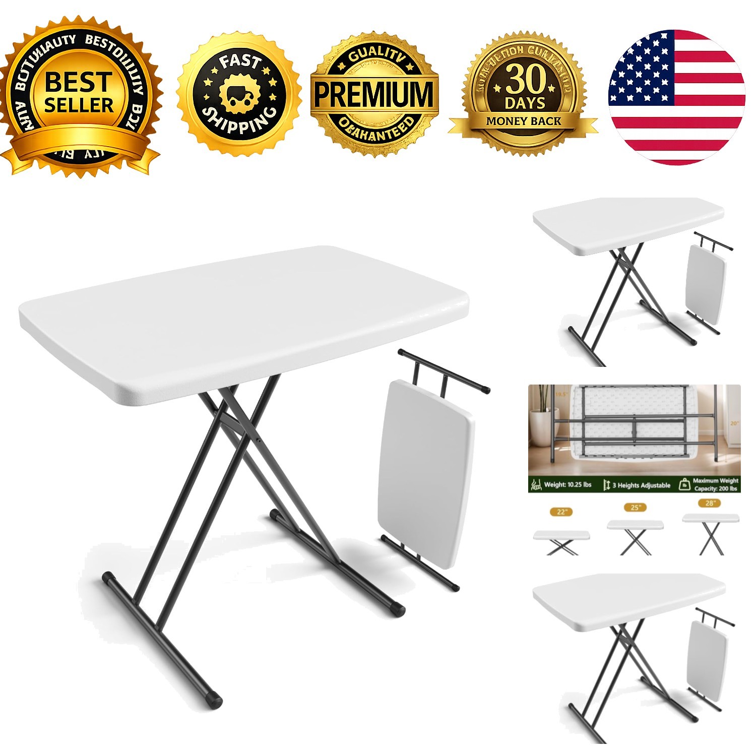 Folding Table 30 Inch Adjustable Height TV Tray Laptop Desk White Granite
