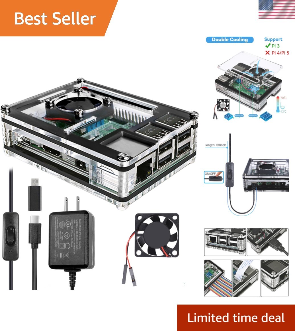 Elegant Raspberry Pi 3 B+ Case with RGB Fan Cooling & Heatsinks - Clear Acrylic