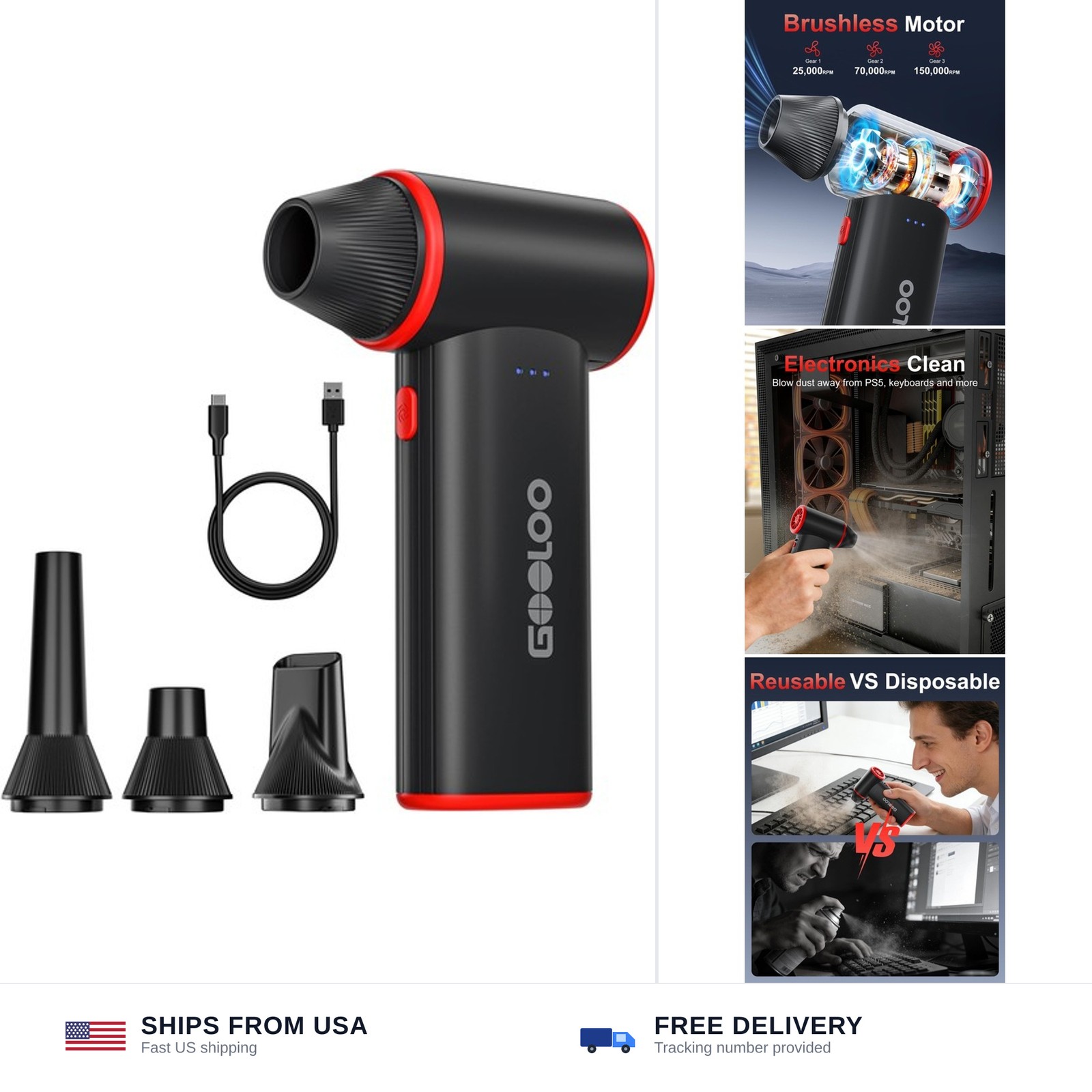GOOLOO F3 Compressed Air Duster, 150000RPM Ultra-Power PC Air Duster - Black