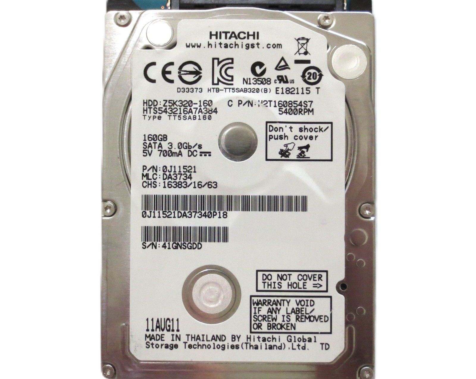 HTS543216A7A384 0J11521 DA3734 (41GN) Thailand 160gb Sata 2.5" HDD AUG-2011