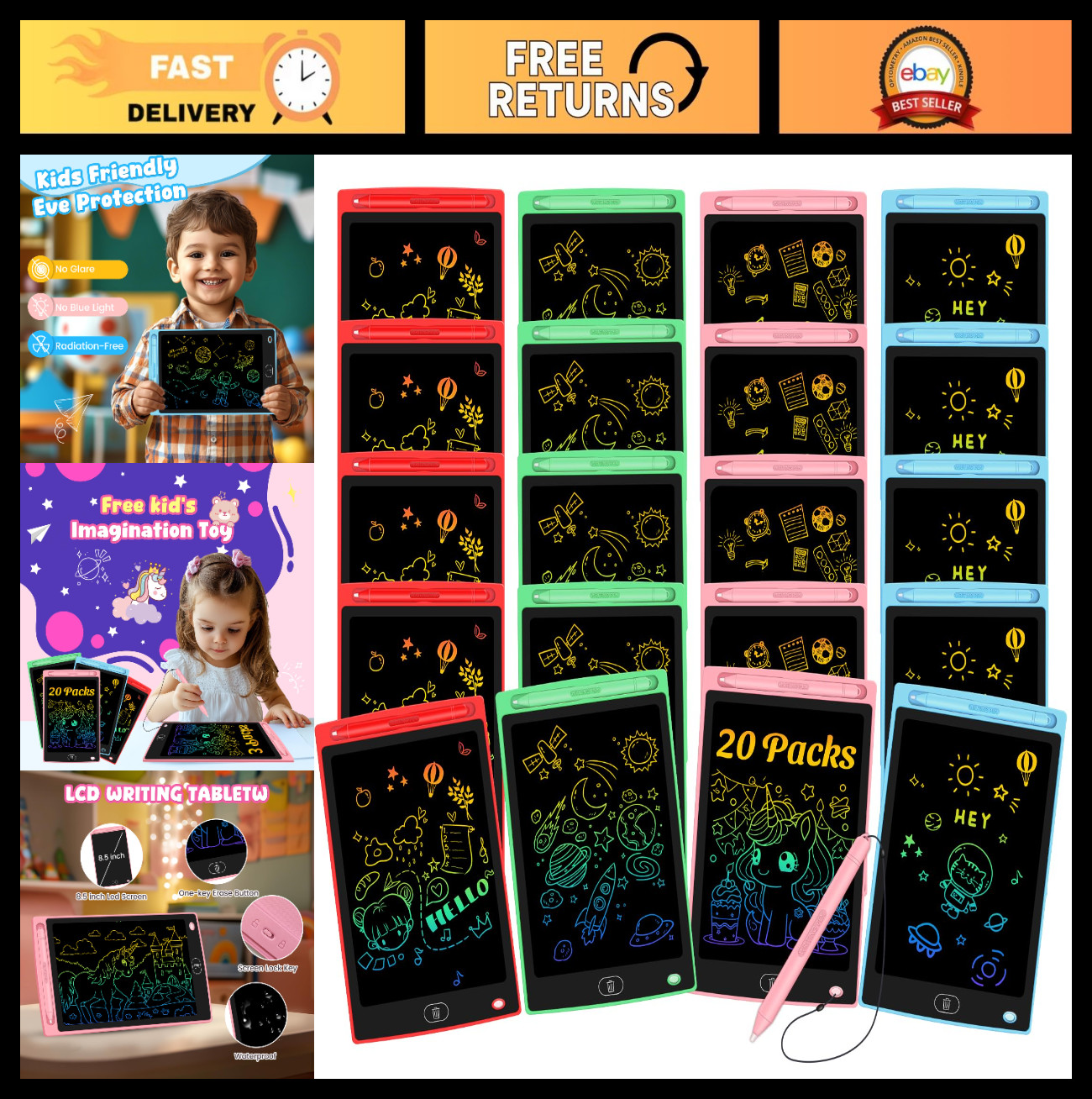 20 Pack LCD Writing Tablets - Erasable Doodle Boards for Kids, 8.5" Learning Toy