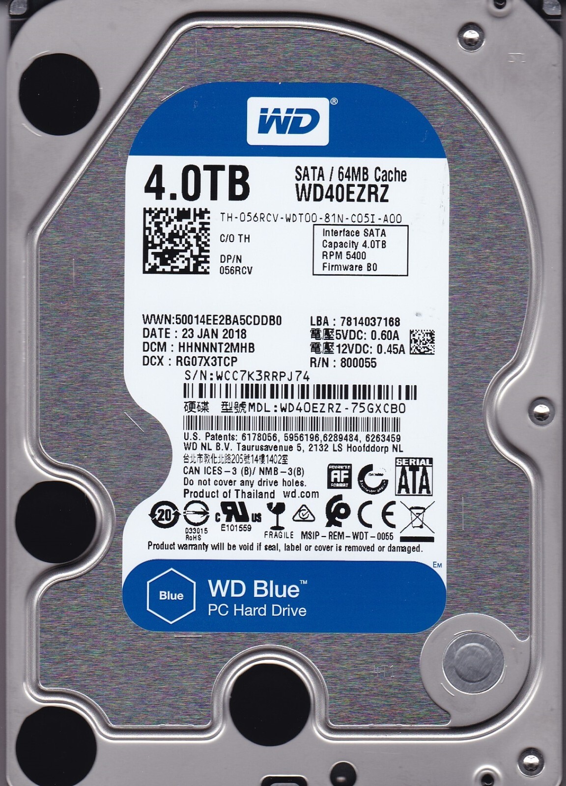 WD40EZRZ-75GXCB0 sn: WCC7K dcm: HHNNNT2MHB JAN/2018 4TB 3.5 SATA Western Digital