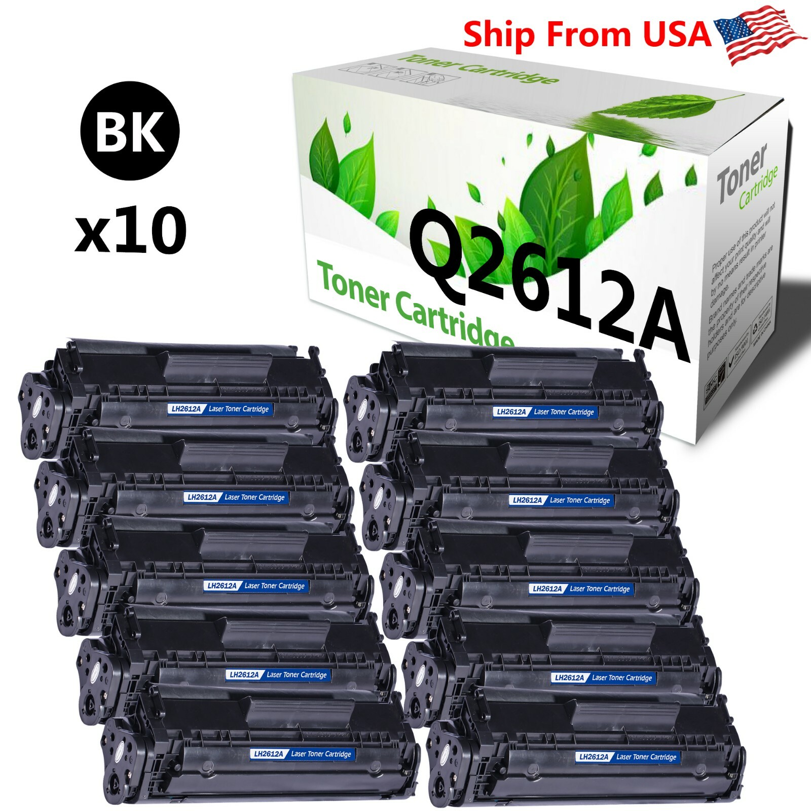 10PK Q2612A 2612A Toner Cartridge Work With HP LaserJet 1020 Printer (Black)