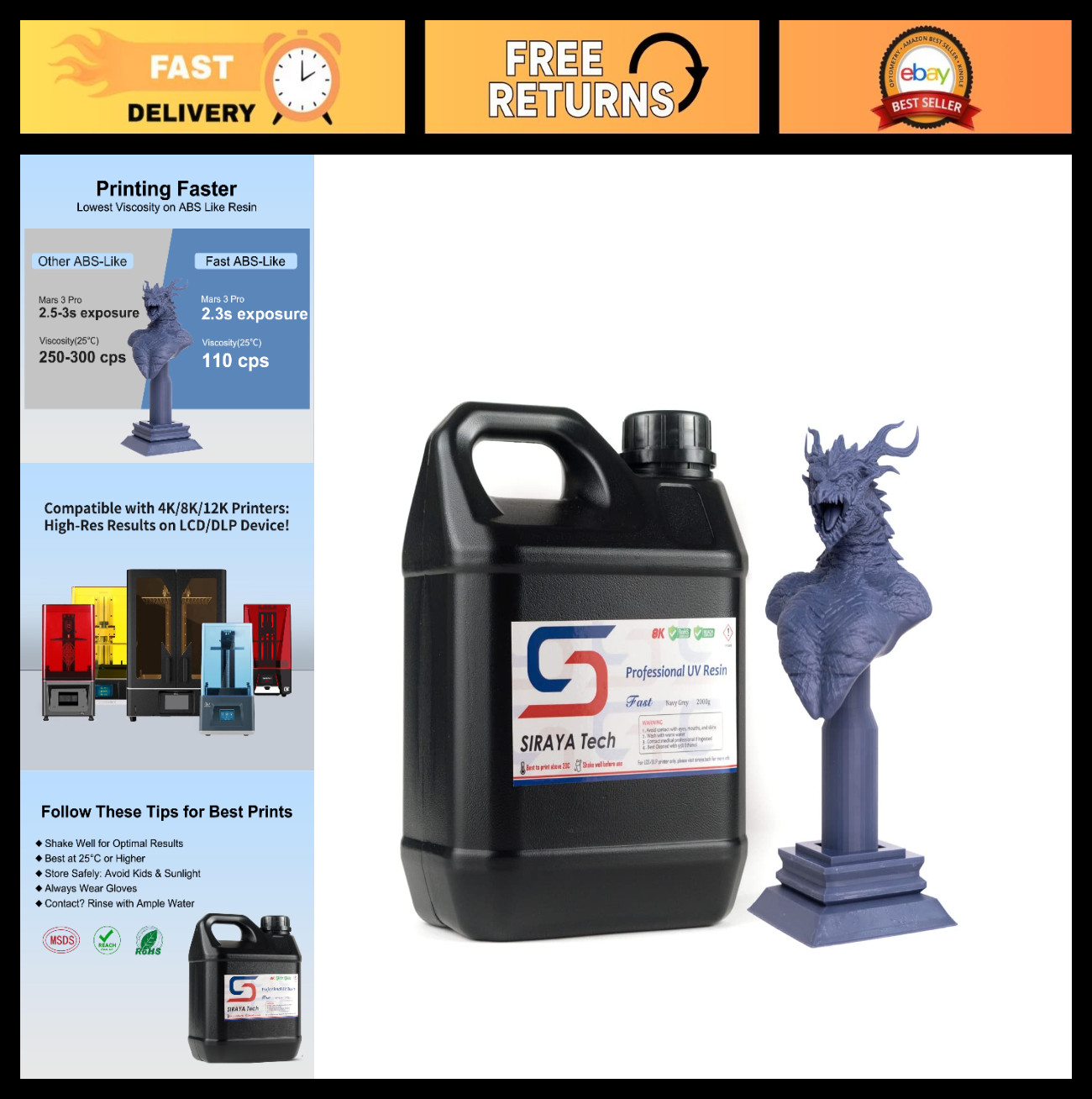 High-Quality Fast ABS-Like 3D Printer Resin, Non-Brittle, Navy Grey, 2kg